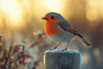 Wall Mural - A small bird perched on top of a wooden post