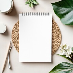 Poster - Blank notebook placed on a natural woven mat with green leaves and decorative items perfect for creative ideas. Generative AI