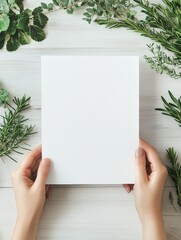 Aufkleber - Blank canvas held by hands surrounded by fresh greenery perfect for creative design projects or invitations. Generative AI