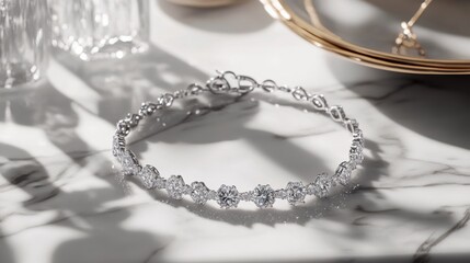 Poster - An elegant diamond-studded bracelet resting on a marble countertop, showcasing the intricate details and the sparkle of each stone