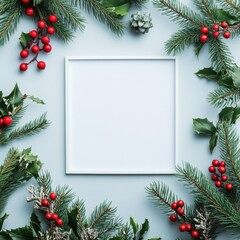 Leinwandbilder - Creative space designed for holiday greetings with pine and berry decorations arranged around a blank square canvas. Generative AI