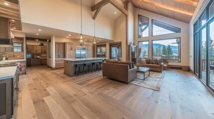 Poster - An open-concept minimalist floor plan showcasing the seamless flow between the living, dining, and kitchen areas, highlighted by natural materials and light