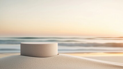 Wall Mural - Minimalist podium on sandy beach at sunset