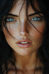 Wall Mural - A close-up photo of a woman's face showing off her freckles, suitable for use in beauty or lifestyle editorials