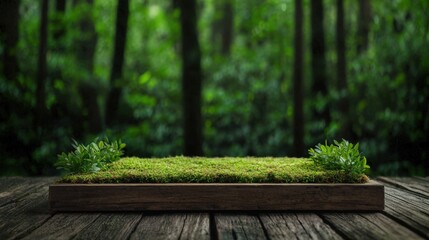 Poster - Tranquil moss garden on a wooden table in a forest setting