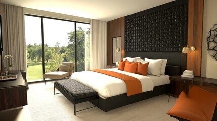 Poster - A chic bedroom with a unique accent wall, plush bedding, and trendy decor, creating a stylish and personalized space for relaxation and rejuvenation