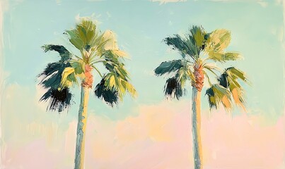 An acrylic painting of two palm trees in pastel tones, styled in fauvism with soft golden hour lighting