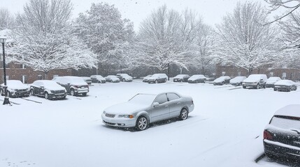 Wall Mural - A completely snow-covered car in a parking lot, with neighboring vehicles also buried under fresh snowfall.