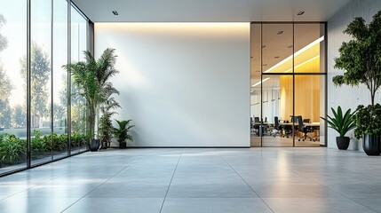 Wall Mural - Modern Office Interior with Large Glass Windows and White Walls Showcasing a Bright Workspace Surrounded by Indoor Plants