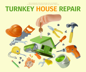 Wall Mural - 3d Turnkey House Repair Concept Ads Banner Promotion Poster Card. Vector illustration of Building and Floating Tools