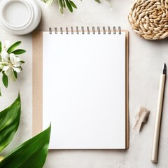 Fototapete - Blank notepad and decorative elements for creative text mock up space on a light background. Generative AI