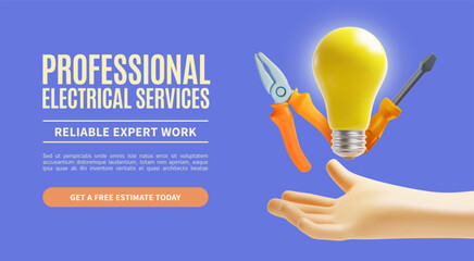 Wall Mural - 3d Professional Electrical Service Concept Ads Banner Promotion Poster Card. Vector illustration of Human Hand with Floating Light Bulb, Pliers and Screwdriver