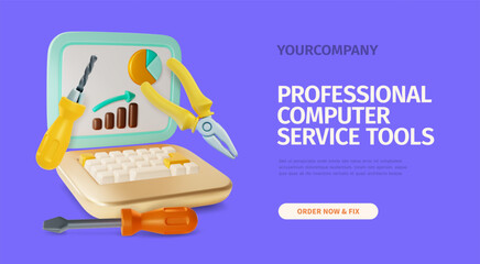 Wall Mural - 3d Professional Computer Service Tools Concept Ads Banner Promotion Poster Card. Vector illustration of Laptop with Floating Pliers and Screwdriver