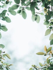 Poster - Lush green leaves framing a tranquil sky in a serene and peaceful setting ready for text. Generative AI