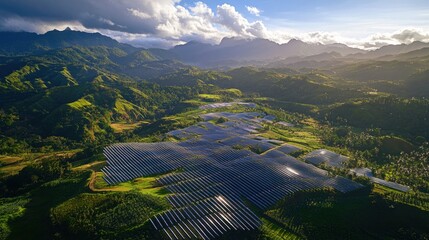 Aerial view of solar farm in mountainous landscape.