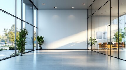 Wall Mural - Modern Office Interior with Large Glass Walls and White Walls, Brightly Lit, Featuring Indoor Plants and Spacious Design for Creative Workspaces