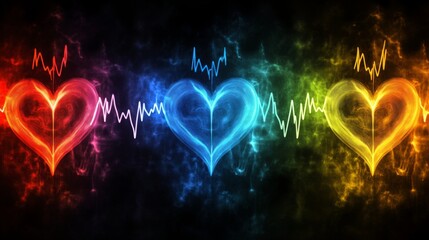 Leinwandbilder - A series of heart waveforms depicted in different colors, symbolizing various emotional states, displayed on a dark background for a striking contrast