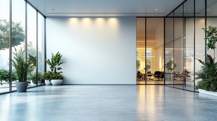 Wall Mural - Spacious and Modern Office Interior with Large Glass Walls and Minimalist Design Featuring Indoor Plants and Natural Light