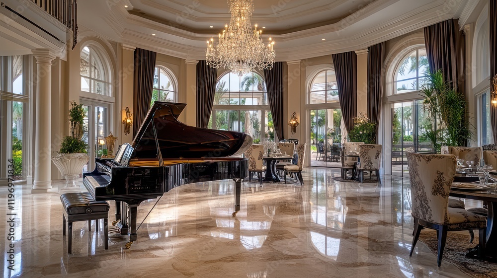 Grand piano in a luxurious mansion's dining room with marble floors and ...