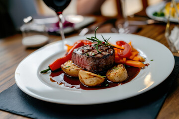 Wall Mural - close up horizontal detailed image of a fillet of beef dish served in a fine dining restaurant