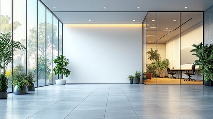 Wall Mural - Modern office interior showcasing large white wall, glass windows, and indoor plants in a bright and spacious environment with natural light