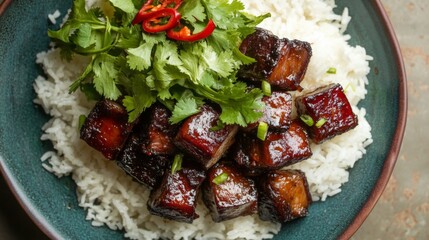 Sticker - A vibrant plate showcasing braised pork belly served with steamed rice, garnished with fresh cilantro and red chili slices, creating a delicious Thai-style dish