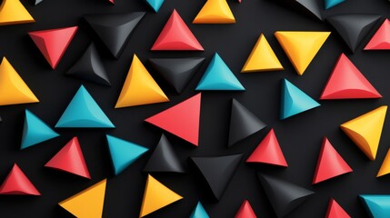 Poster - Collection of abstract triangle shapes in bold colors, forming a vibrant, layered pattern with depth and sharp angles on a black background