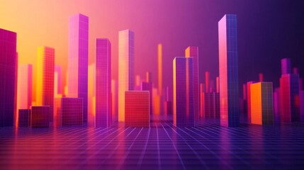 Poster - Colorful D bars rising from a digital grid floor, with subtle lighting and a gradient background to create a dynamic visual