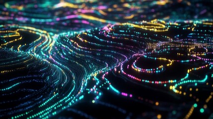 Poster - Dynamic data wave in vibrant neon colors, representing digital information flow on a black background for a futuristic, tech-inspired look