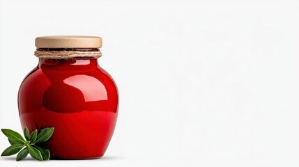Wall Mural - a photostock of a glossy jar of ketchup with a vibrant red sauce, placed neatly on a clean white bac