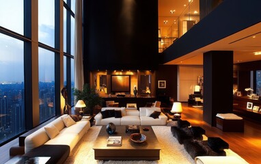 Wall Mural - A contemporary luxury apartment living room with a dramatic black accent wall, towering high ceilings, and personalized lighting that adds a touch of elegance and warmth. 