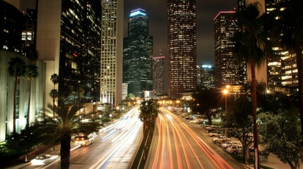 Fototapete - Light streaks from cars passing on a city street at night, with a long exposure effect capturing vibrant colors and movement