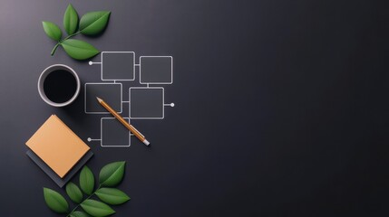 Clean 3D Flowchart Design with Bright Highlights on a Minimalist Black Background Featuring Leaves, Coffee, and Stationery Elements for Modern Presentations