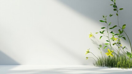 Poster - Bright green plants grow against a minimalistic white wall, creating a tranquil space for text and creativity. Generative AI