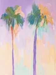 An acrylic painting of two palm trees in pastel tones, styled in fauvism with soft golden hour lighting