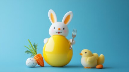 Wall Mural - Colorful Glossy Egg With Cartoon Rabbit, Chick Holding Fork And Carrot Character On Blue Background For Happy Easter Concept. 