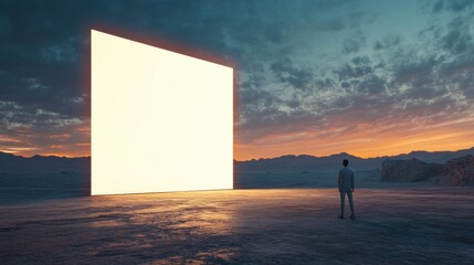 Aufkleber - Expansive landscape with a large empty screen against a dramatic sunset backdrop suitable for text placement. Generative AI