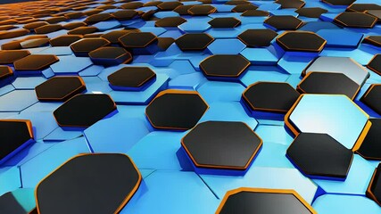 Wall Mural - black blue pattern rendering background 3d orange xagons hexagon background pattern abstract technol