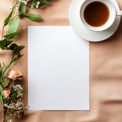 Poster - Blank sheet with cup of tea and flowers for creative writing or design projects on beige fabric surface. Generative AI
