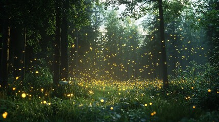 Poster - Magical fireflies illuminate a lush forest at twilight.