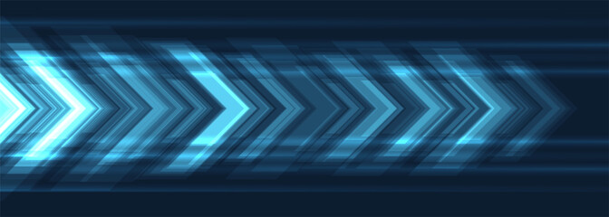 Poster - Blue technology arrows on dark futuristic abstract background. High-speed movement concept dynamic motion blue hi tech digital arrows. Technology vector illustration for banner or poster design.