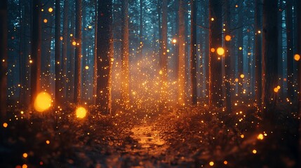 Canvas Print - Magical forest path with glowing lights.