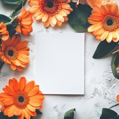 Aufkleber - Bright orange flowers surround an empty space for text on a textured surface creating a fresh, vibrant atmosphere. Generative AI