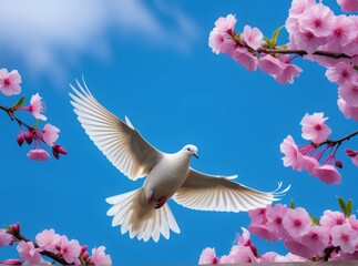 White dove soaring among pink cherry blossoms under a clear blue sky during spring