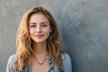 Aufkleber - Bright smile from a young woman with tousled hair against a textured grey wall while enjoying a casual moment. Generative AI
