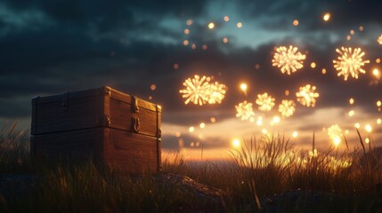 Wall Mural - Mysterious Wooden Treasure Chest with Fireworks at Twilight