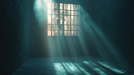 Wall Mural - Sunlight Streaming Through Window in Dark Room with Mystery Vibe