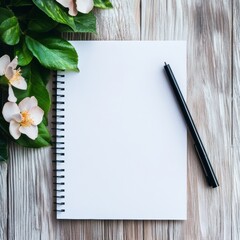 Poster - Blank notebook and pen with greenery on wooden surface for creative writing and design purposes. Generative AI
