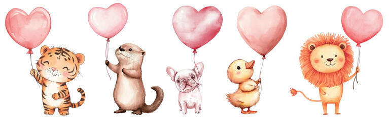 Wall Mural - PNG Adorable animals with heart balloons set, isolated on transparent background