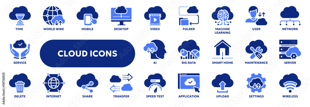 Set of vector solid icons related to cloud computing technology, ai ...